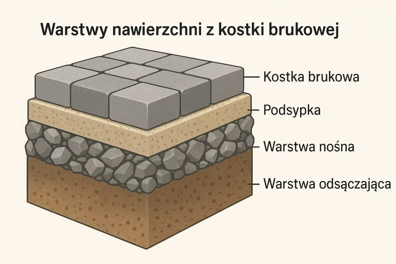 Warstwy nawierzchni z kostki brukowej: kostka, podsypka, warstwa nośna i drenażowa. Tak powstaje trwała łata brukarska.