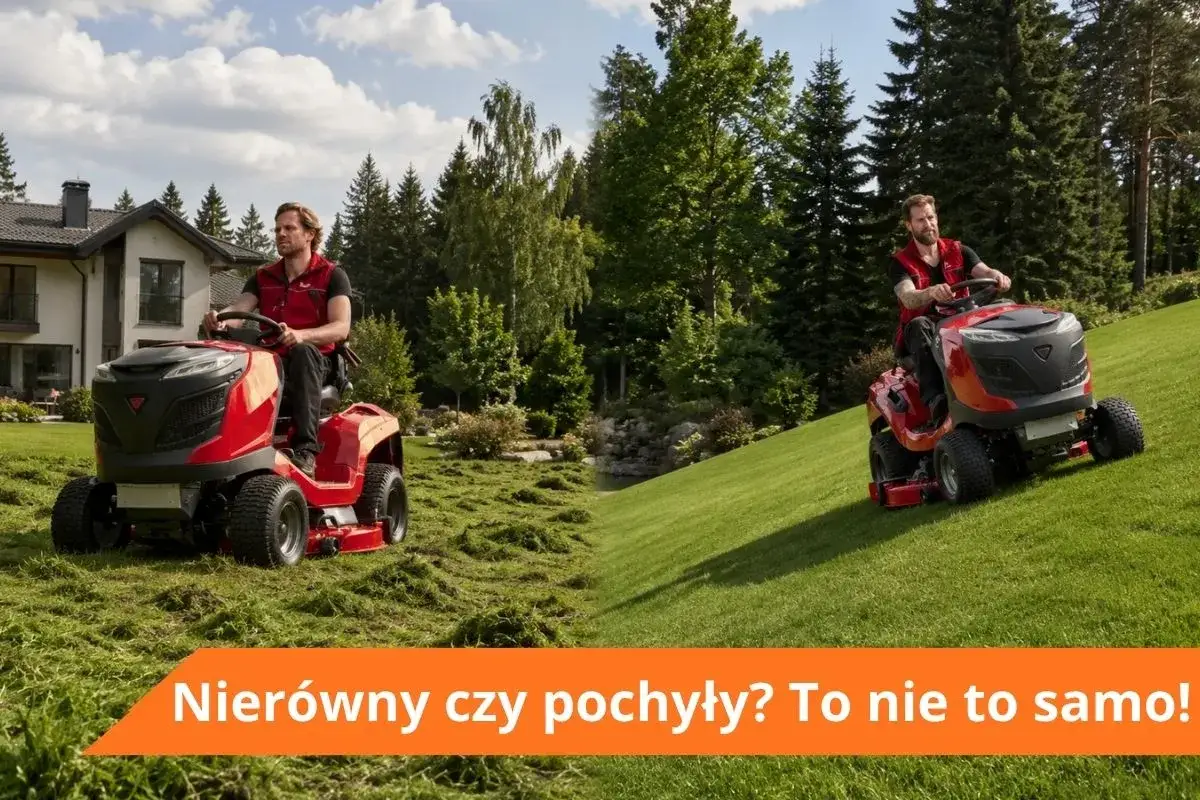Dwóch mężczyzn na czerwonych traktorkach kosiarkach radzi sobie z nierównym terenem. Jeden kosi trawę na płaskim, drugi na pochyłym.