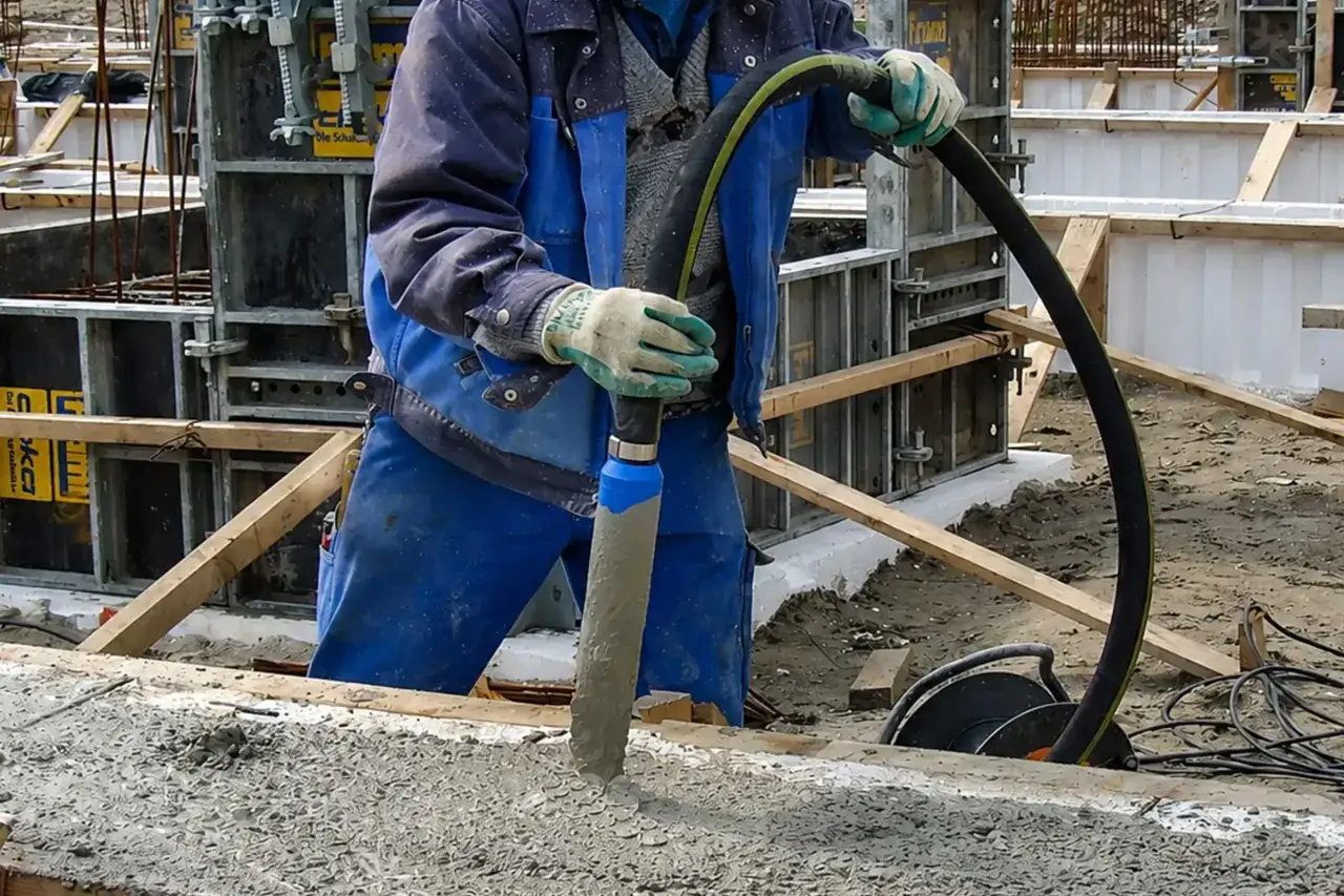 Pracownik w niebieskim ubraniu wykonuje zagęszczanie betonu za pomocą wibratora.